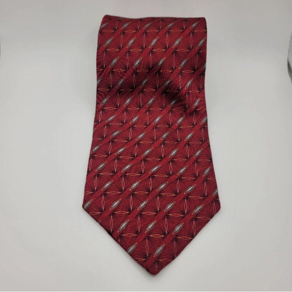 Bill Blass Mens tie 100% Silk Made in Mexico, red geometric stripes, black label
